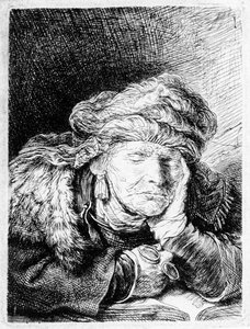 Een oude vrouw die slaapt door Rembrandt van Rijn